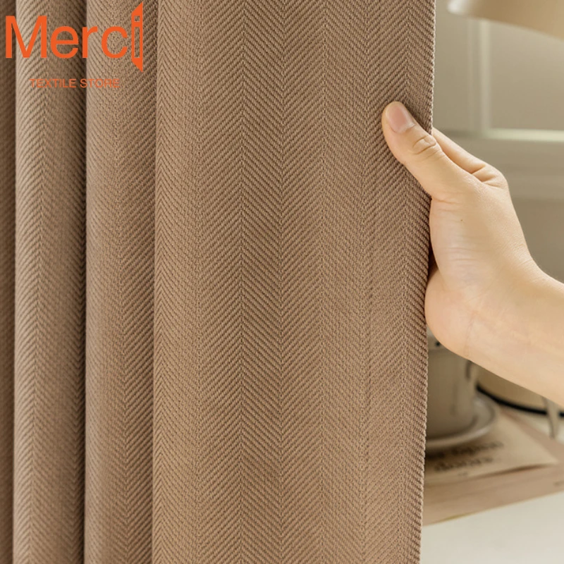 Chenille Herringbone Curtain Fabric Modern Simple Bay Window Blackout Curtains for Living Dining Room Bedroom Finished Custom
