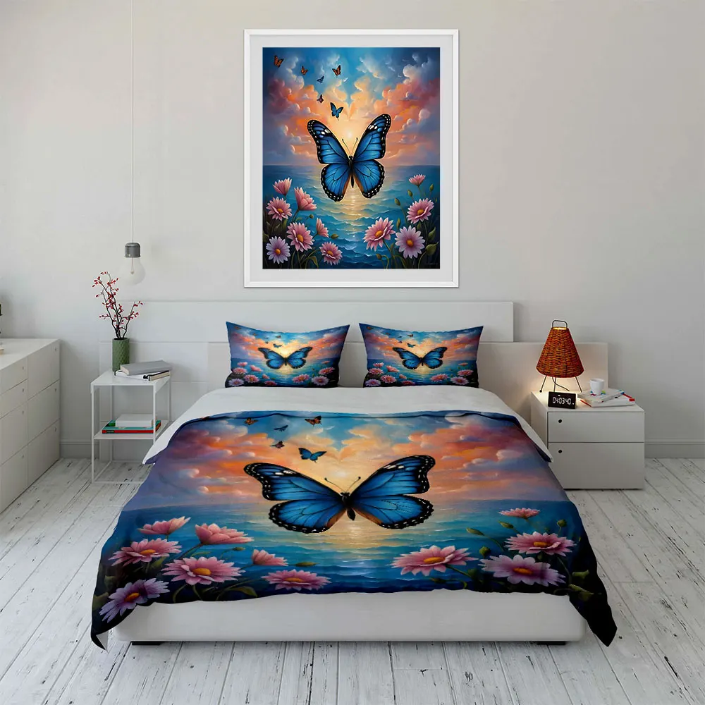 Blue butterfly flying at sunset sea Print Soft Comfortable Duvet Cover Bedding Set Included 1*Duvet Cover  2*Pillowcases
