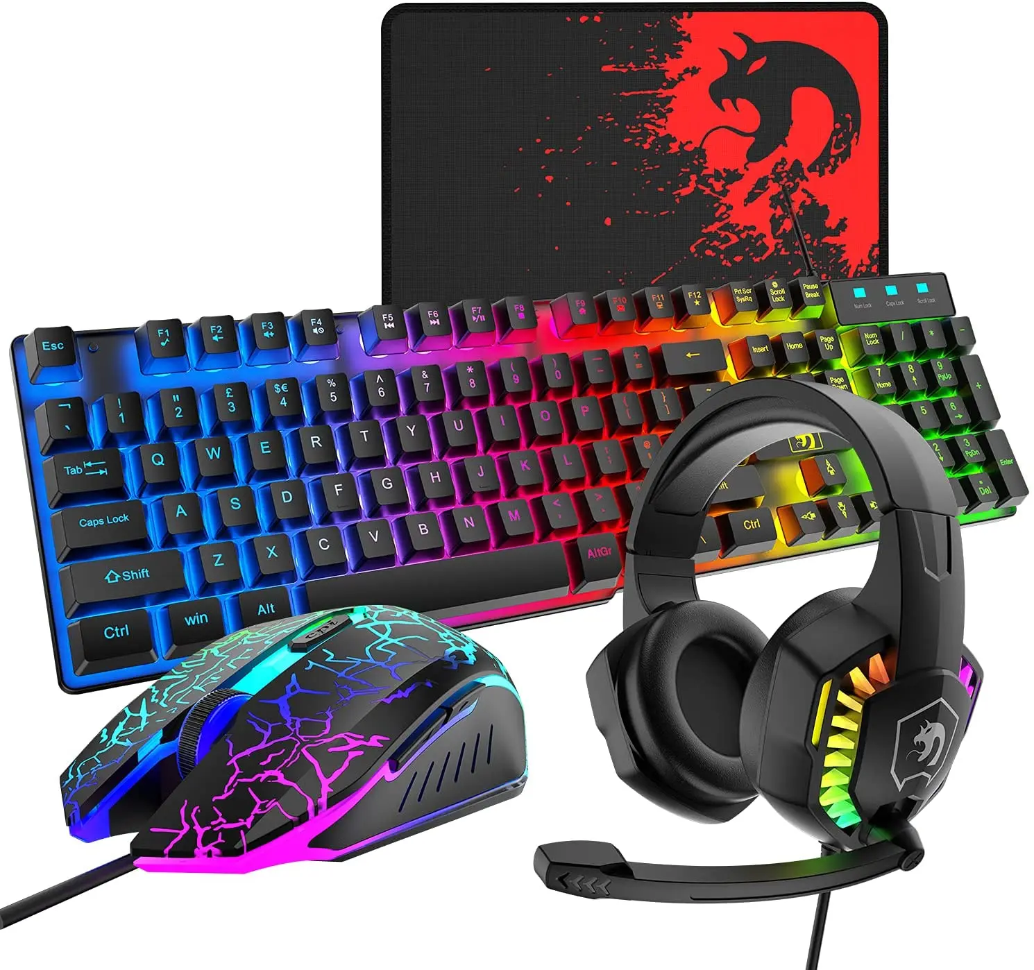 MAMBASNAKE Wired Gaming Keyboard and Mouse Headset Mouse Pad Combo Rainbow LED Backlit for PC Laptop Mac PS4 Xbox