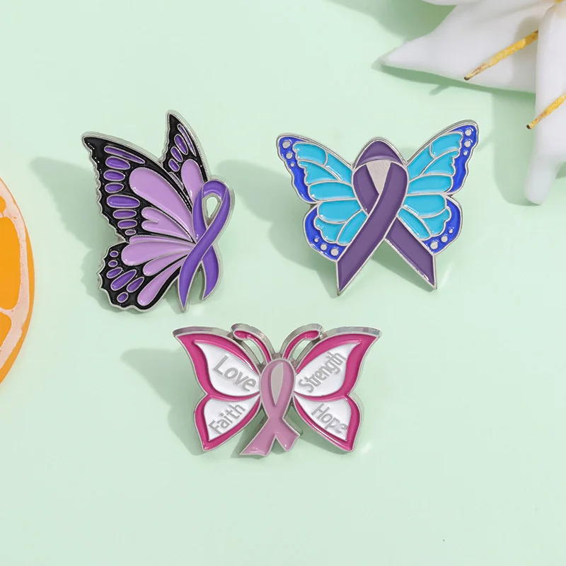 Ribbon Butterfly Enamel Pin Domestic Violence Breast Cancer Awareness Brooch Guarding Mental Health Lapel Badge Gifts For Women