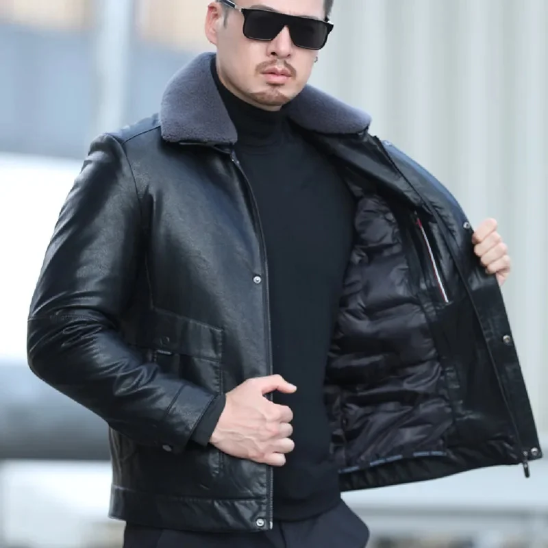 Herren YXL-836 neue Jacke Leder Daunen weiße Ente Füllung lässig Winter Schaffell einfarbig Revers dicken Mantel