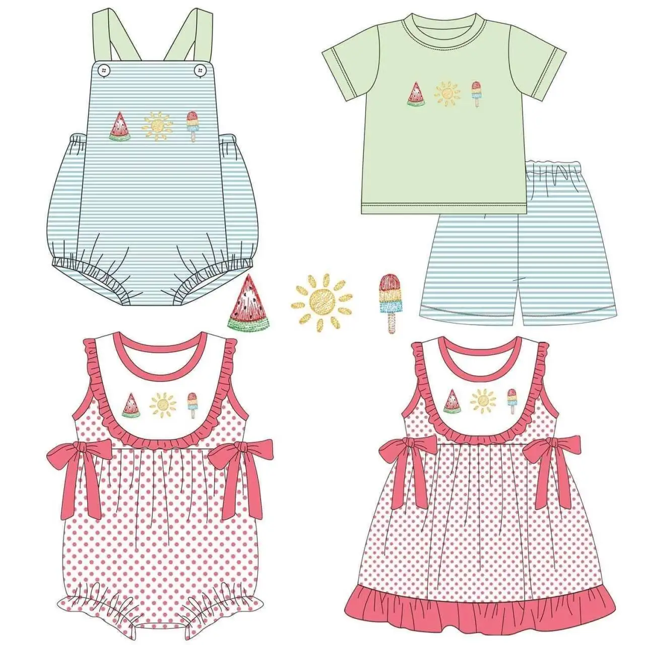 Summer children's new milk silk clothing watermelon ice cream print sleeveless suit brother and sister matching suit bow design