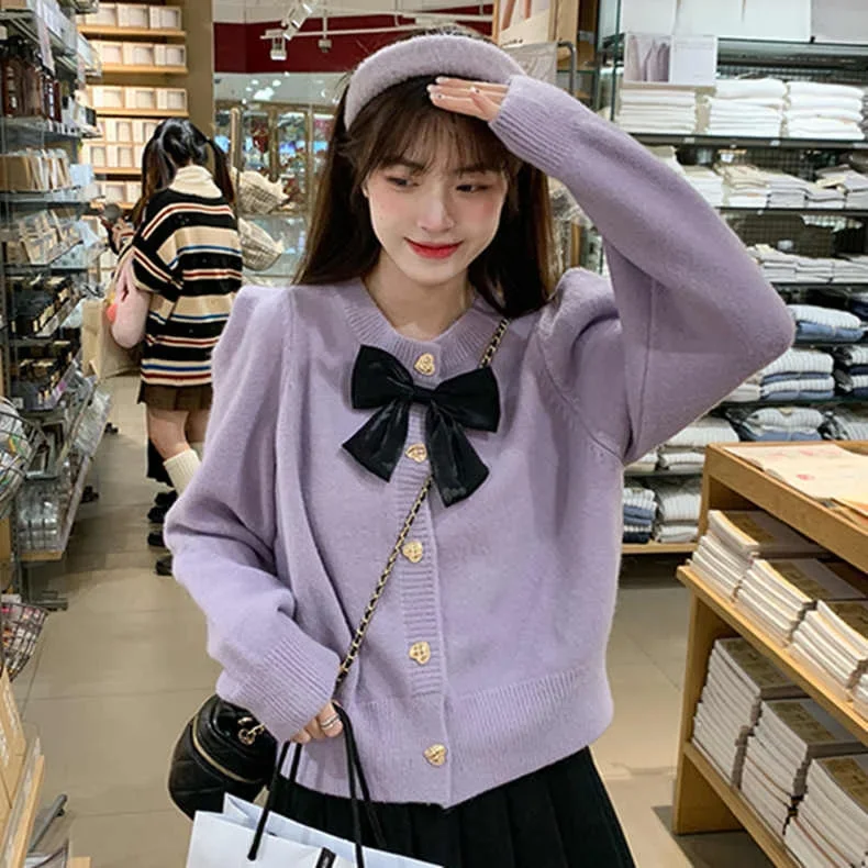 

Новый повседневный свободный женский кардиган, милый женский элегантный кардиган, женский фиолетовый уличный шикарный кардиган с бантом, женский
