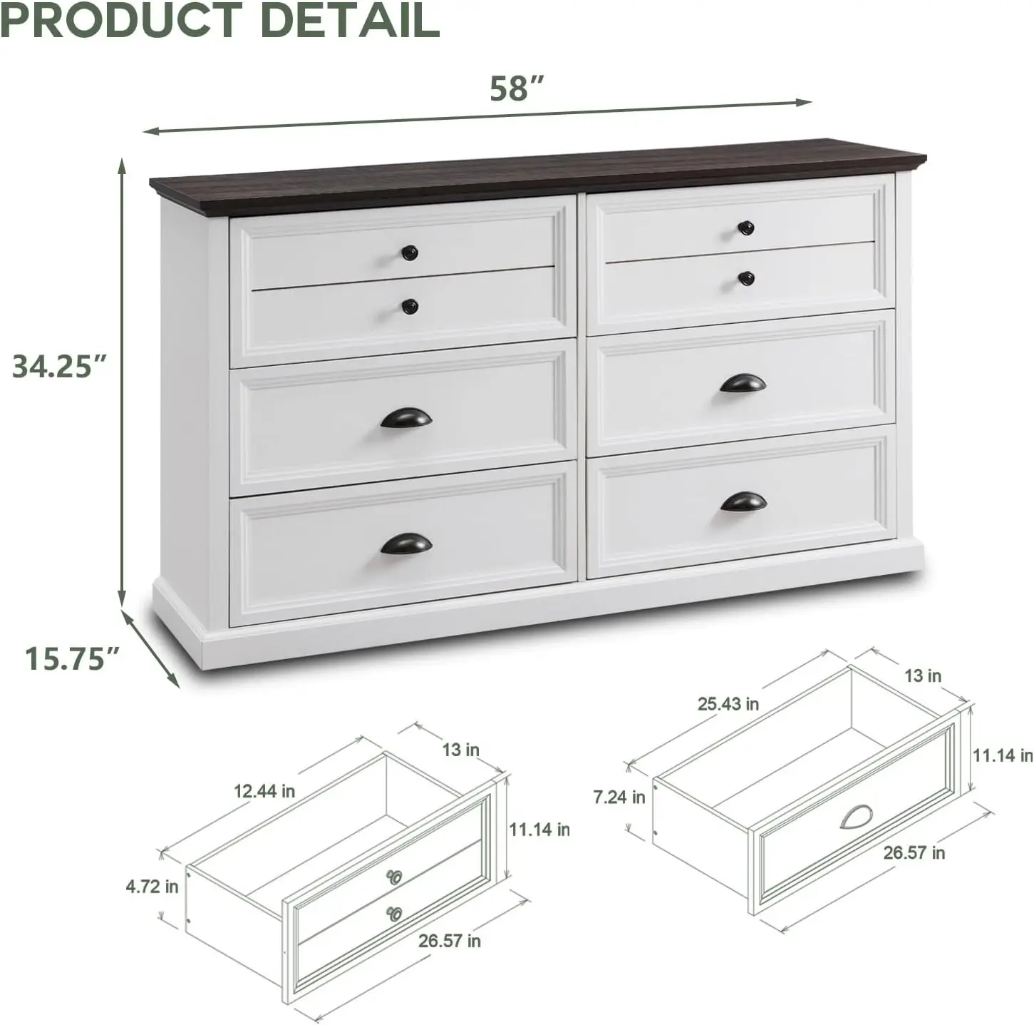 Dresser for Bedroom w/ 6 Drawers, Farmhouse Dresser Chest of Drawers Organizer Storage, Wood Rustic Tall Dresser Chest of Drawer