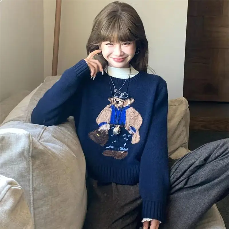 Autumn Winter Fashion Bear Wool Sweater Women Cartoon Embroidery Short Cashmere Pullover Versatile O-neck Knitwears Jumper 040H