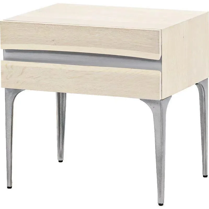 Vintage White Minimalist Oak Wrought Iron Master Bedroom Bedside Table