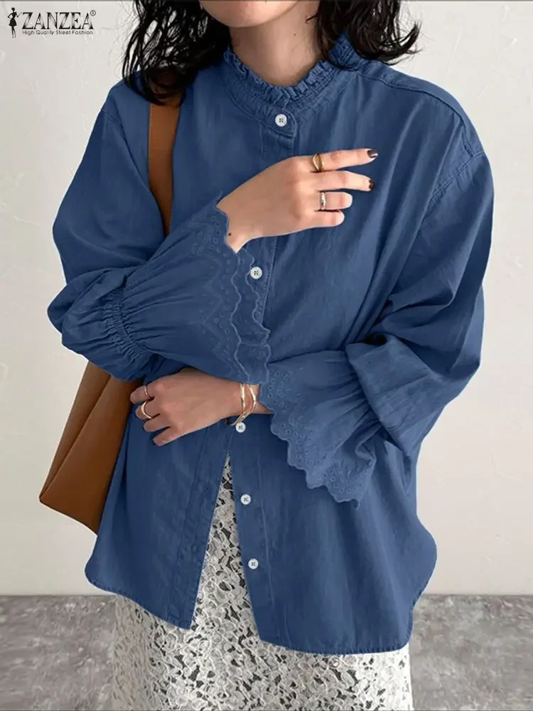 

ZANZEA, модные однотонные женские рубашки, осень 2022, кружевная блузка с длинными расклешенными рукавами, элегантные офисные женские топы, повседневные блузки с воротником-стойкой