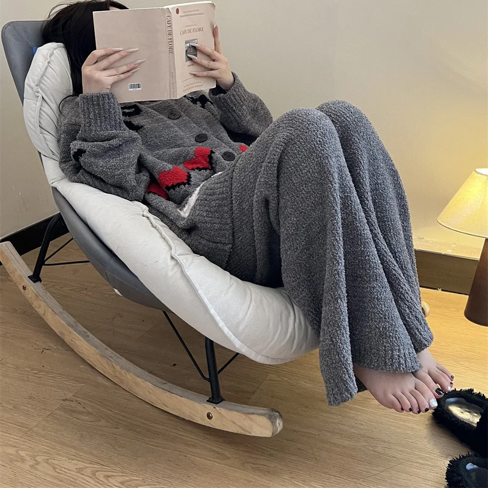 Set da donna in mezzo pile lavorato a maglia con stampa simpatico cartone animato Autunno/Inverno Cardigan caldo spesso + pantaloni Set pigiama da casa in peluche da 2 pezzi