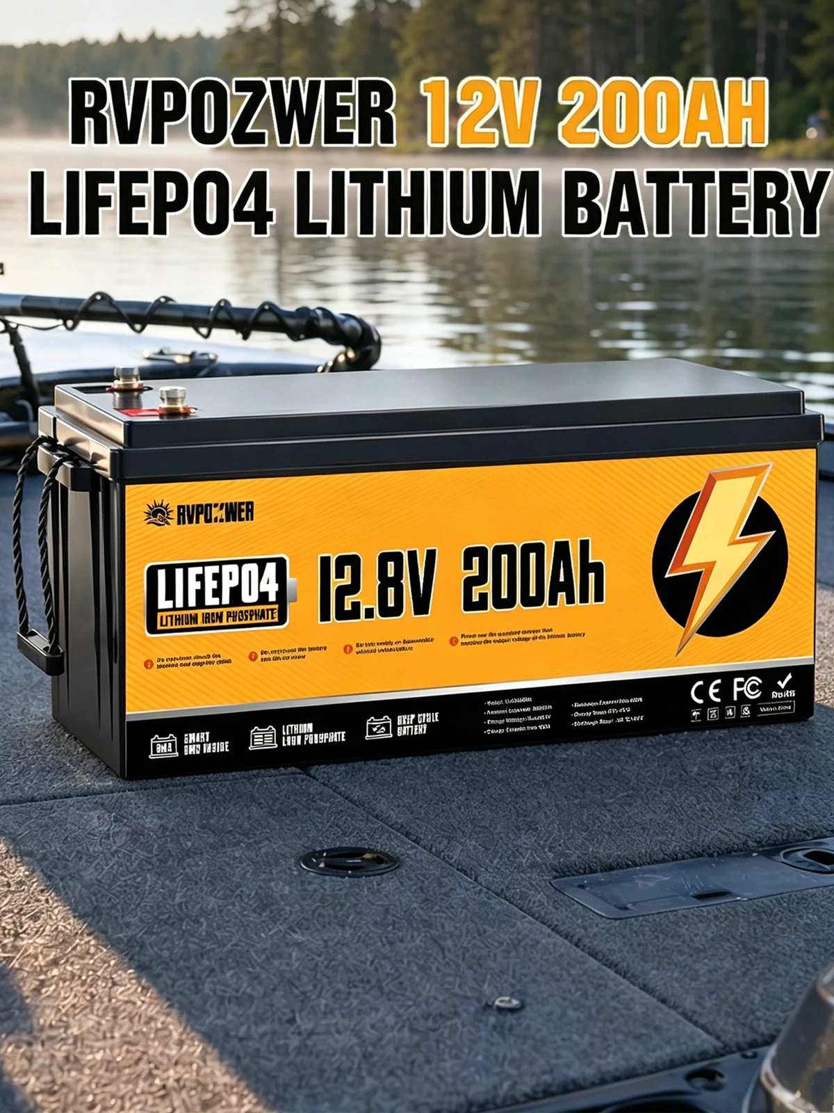 RVPOZWER LiFePO4 Lithium-Batterie 12V 200Ah mit integriertem 200A BMS, tragbar, Deep-Cycle, lange Lebensdauer 2560WH für Wohnmobile, Boote, Reiseanhänger, Camper, netzunabhängige Solaranwendungen
