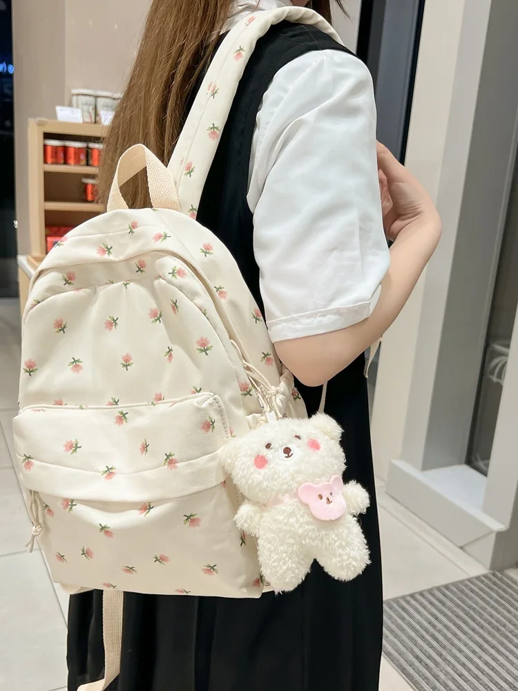Fresh Floral Print Backpack Women Japanese Style Large Capacity School Bag Four Colors Casual Travel Canvas Daypack