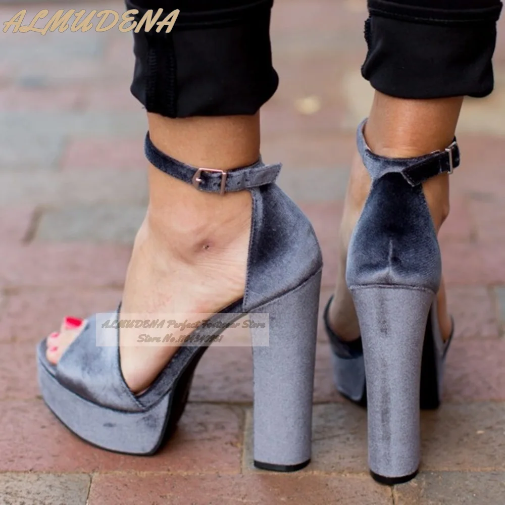 ALMUDENA Grey Velvet Block Heel Sandals Luxury Chunky Heels Open Toe Dress Shoes Ankle Buckle Strap Sky High Pumps Evening Shoes