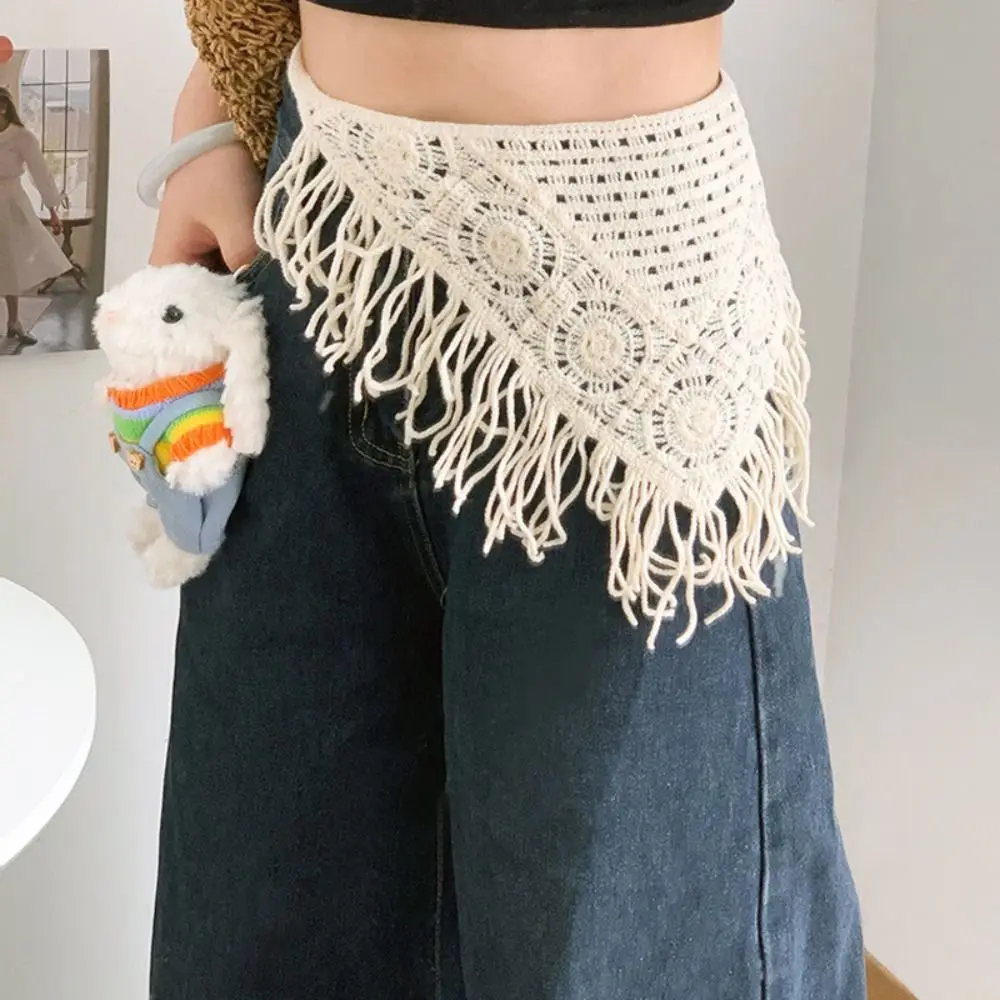 

Elegant Bohemian Turban Knitted Triangle Headscarf Colorful Shawl Apron Wrap with Fringe Scarves Ethnic Style Waist Band Women