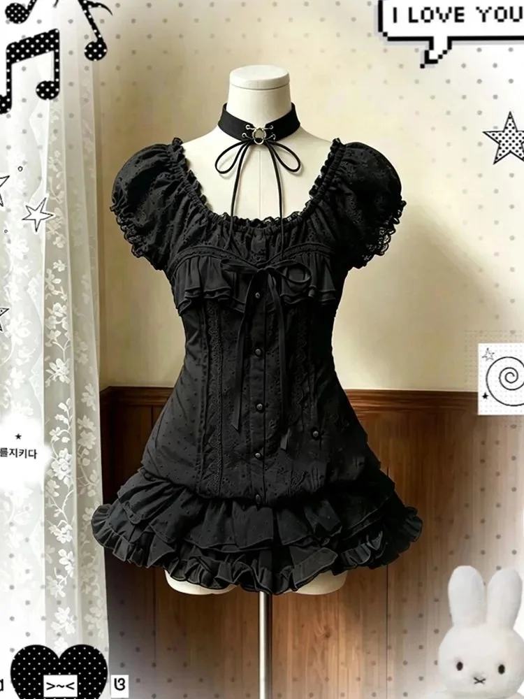 Vintage Bubble Short Sleeve Shirt Women's Summer 2026 New Black  Skirt Set Fashionable Retro Style Office Date Universal