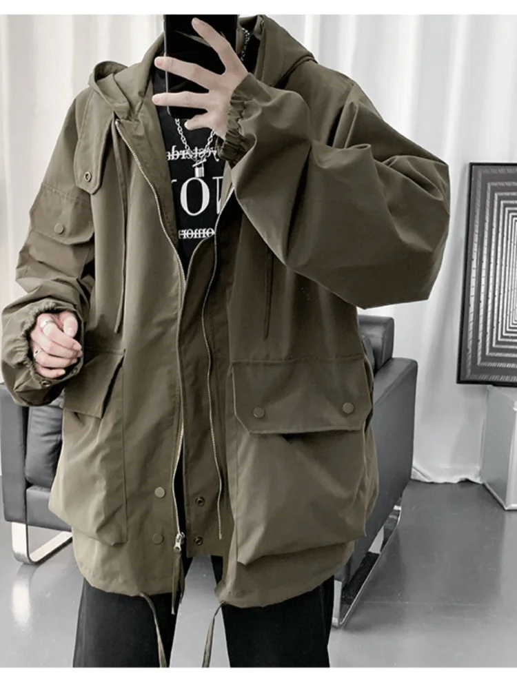 Veste Ample et Simple pour Homme, Couleur Unie, Vert Militaire Américain, Outillage Moyen et Long, Tendance, Grande Taille, Automne et Hiver