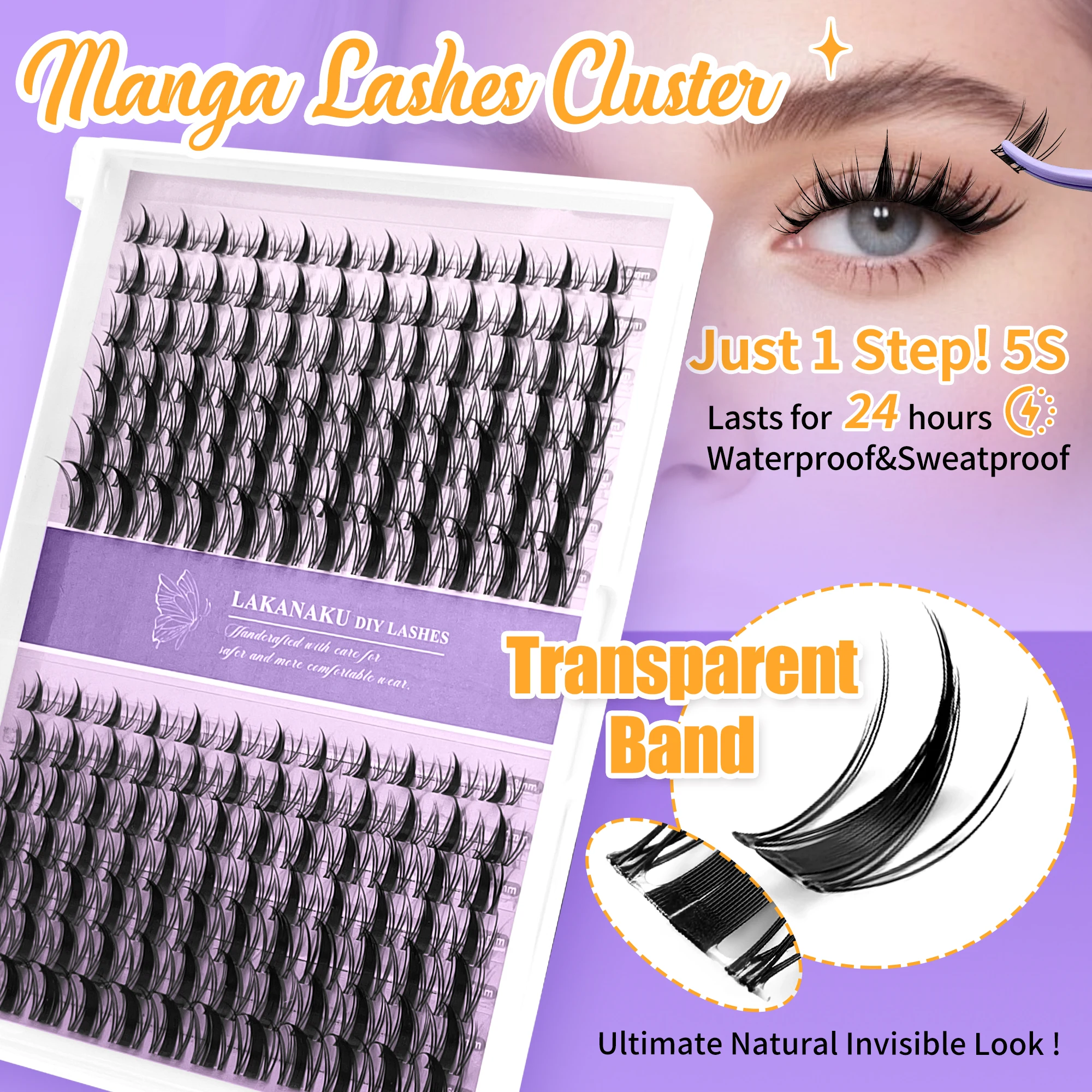 LAKANAKU Transparent Band Diy Manga Cluster Lashes Segment Individual Fairy Cluster Eyelash Natural 168 Fans