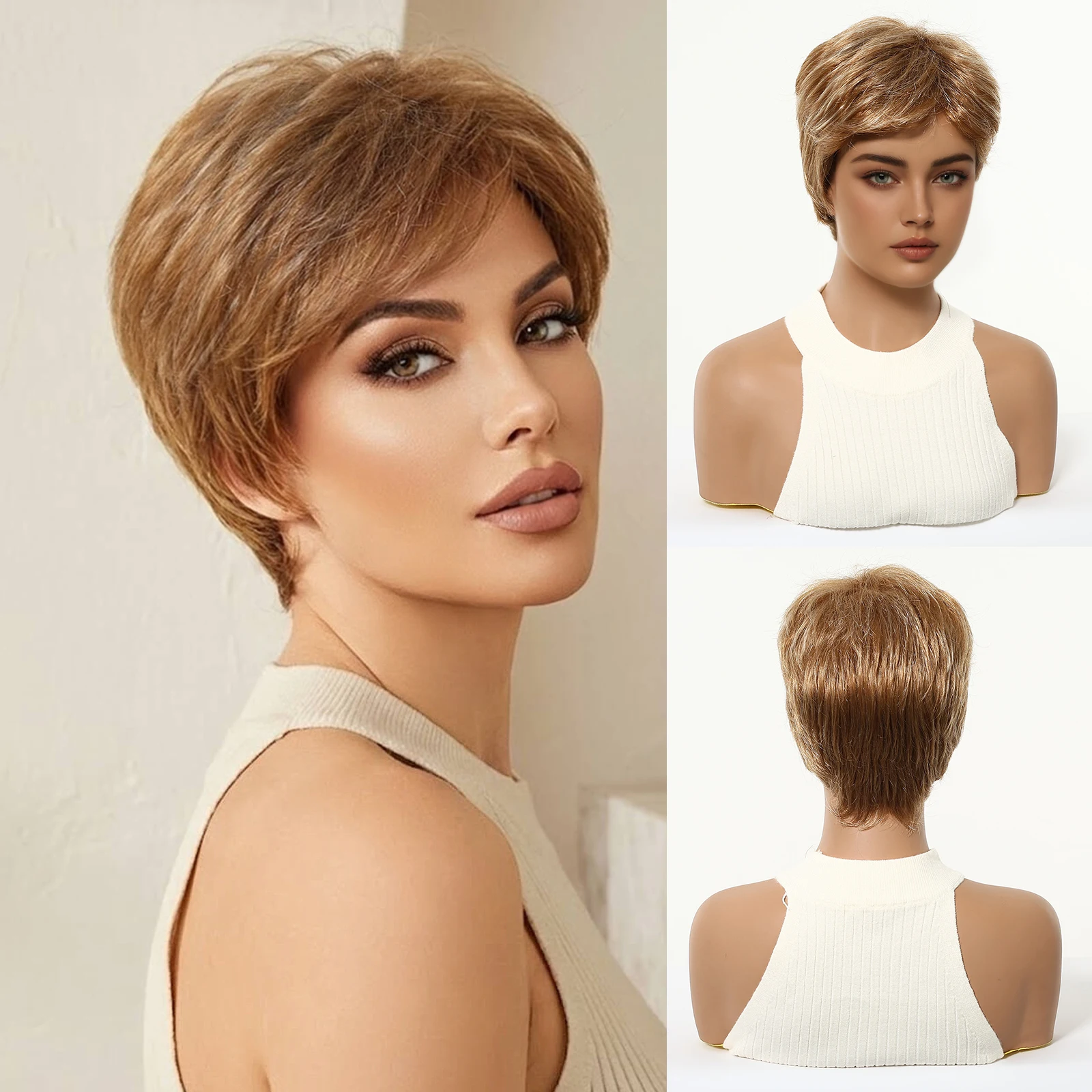 

HENRY MARGU Brown Blonde Short Pixie Cut Wigs Natural Looking Layered Side Part Heat Resistant Fiber For Daily Party Wear