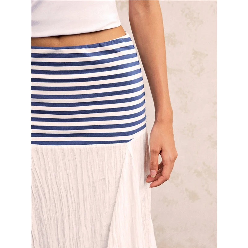 

ABP-Women's Contrasting Striped Pleated Flowing Maxi Skirt High Waist Maxi Skirt
