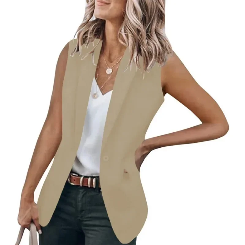 Casaco feminino sem mangas de lapela de um botão, jaqueta senhora do escritório, moda elegante, outwear verão, colete espartilho, blazer, escritório, verão