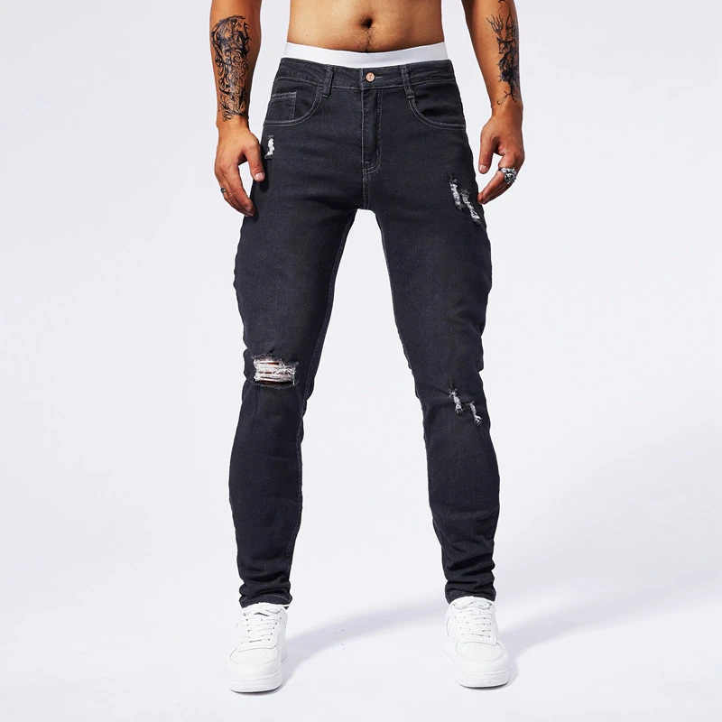 American Style Distressed Patch Jeans, Men's Trendy Elastic Slim Fit Small Straight Leg Casual Pants