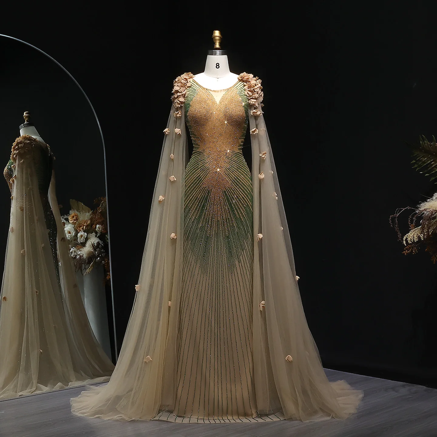 

Sharon Said Роскошное вечернее платье из бисера с накидкой на рукавах с 3D цветами Коричневые вечерние платья для женщин на свадьбу SS022 по индивидуальному заказу