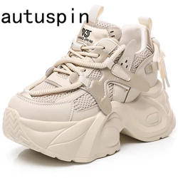 AUTUSPIN 6.5cm Thick Platforms Women Sneakers 2024 Autumn Summer Air Mesh Comfort Ladies Fashion Shoes Genuine Leather Footwear