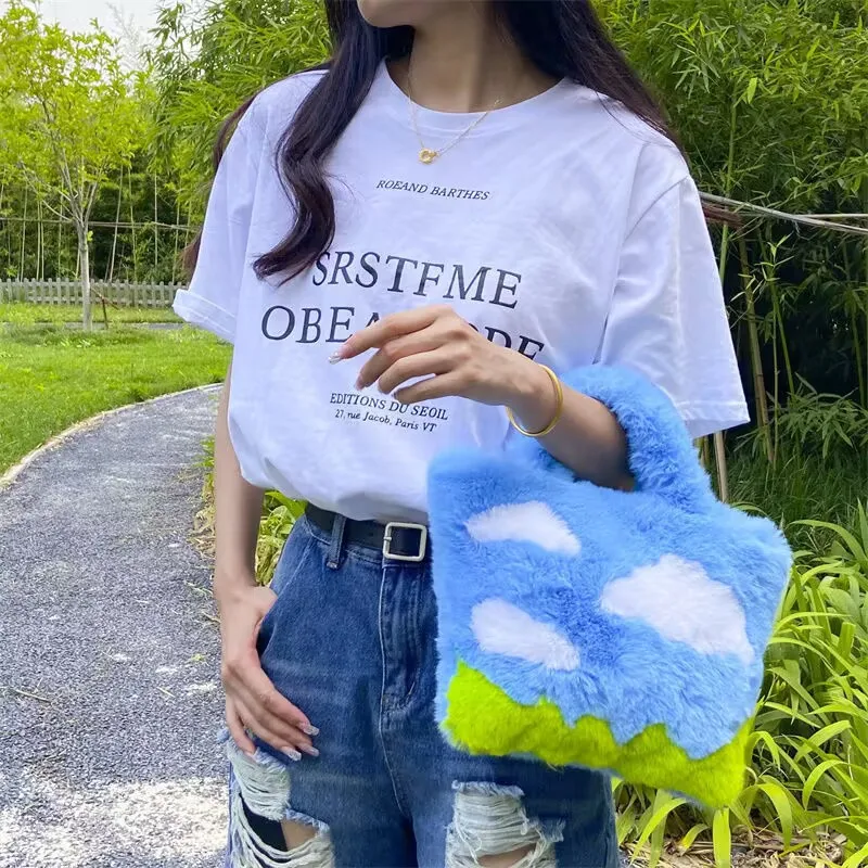 

Blue Sky White Clouds Cute Original Design Kawaii Plush Handbag Crossbody Bag Shoulder Bag Cartoon Fashion Women Bag Purses