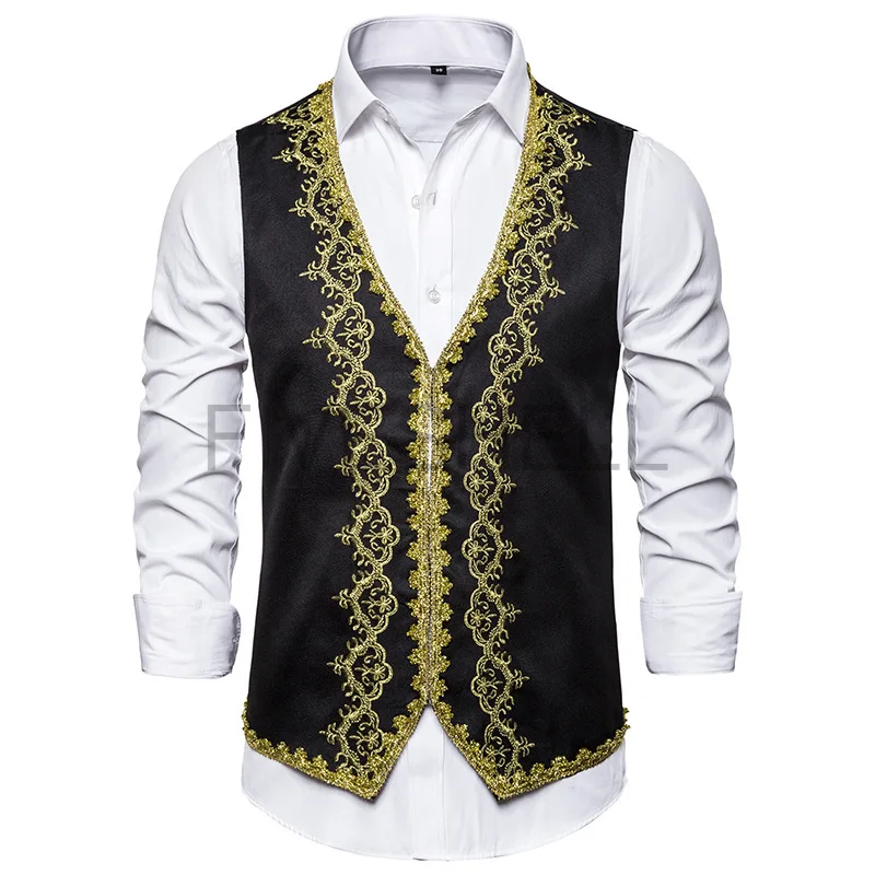 2023 Middeleeuwse Stijlvolle Gouden Borduurwerk Barok Vest Mannen Slim Fit Paleis Prins Zwarte Vest Mannen Prom Drama Operacostume Gilet