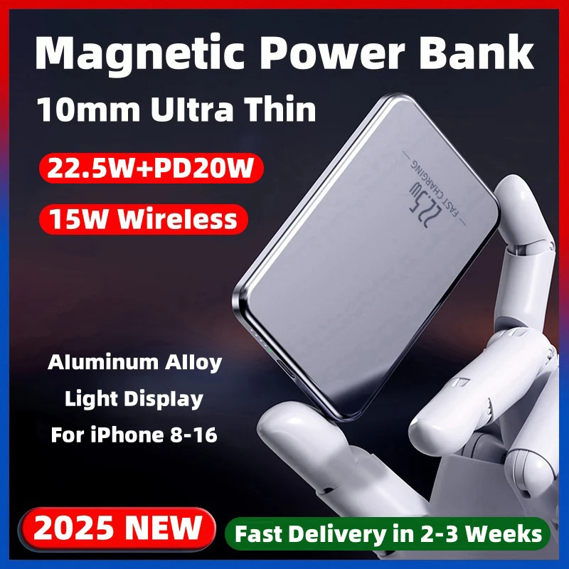 10000mAh New Slim Alloy Magnetic Wireless Power Bank 20W Fast Charger External Spare Battery For Apple iPhone Samsung Powerbank