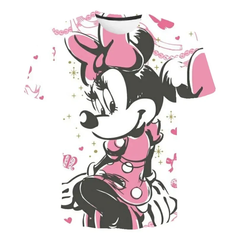 Disney Minnie 2024 Summer Short Sleeve O Neck Casual Fashion Clothing Tops Girls T-Shirt 100-6XL Kawaii 3-14 Streetwear