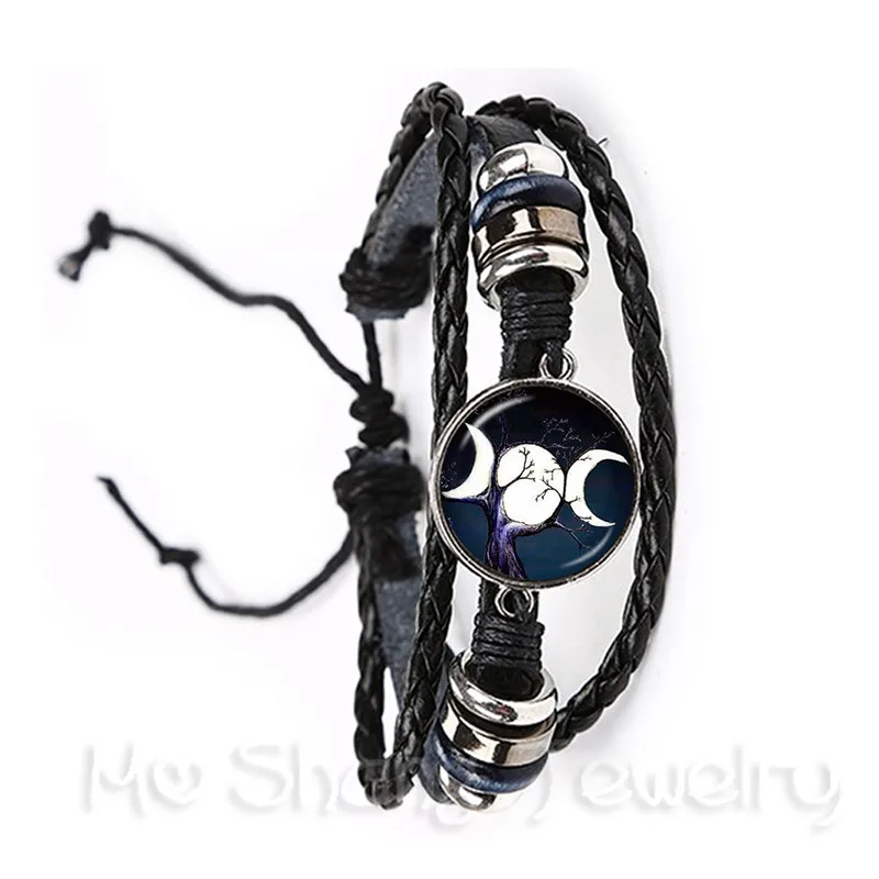 Triple Moon Goddess Bracelet Pentagram Witch Jewelry 20mm Glass Dome Wiccan Black/Brown Leather Bangle Charm Wicca Jewellery
