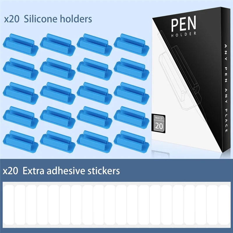 A13E-Pencil Holder For Desk Set(20), Adhesive Pen Holder With 20 Extra Stickers- For Classroom, For Walls, Clipboards, Office