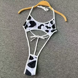 Women' Halter Neck Sleeveless Playsuit Sexy Cute Cow Black And White Contrast Bodysuit Hollow Lace Up Backless Erotic Lingerie