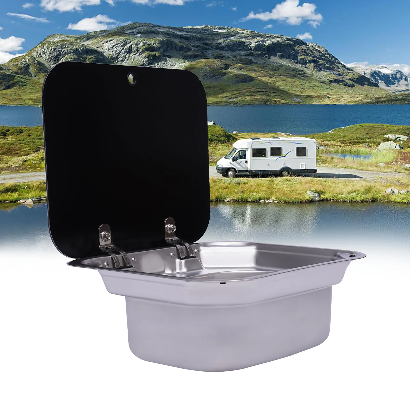 RV Kitchen Sink Stainless Steel With Tempered Glass Lid, Semi-recessed Camper Van Sink With Pad & Overflow Hole, For Caravan Motorhome Boat Horsebox