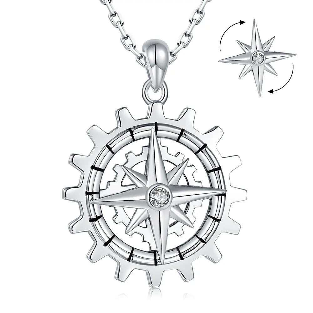 925 Sterling Silver Gear Nautical Dream Working Necklace Spinner Compass Inspirational Pendant Graduation Gifts For Girls Women