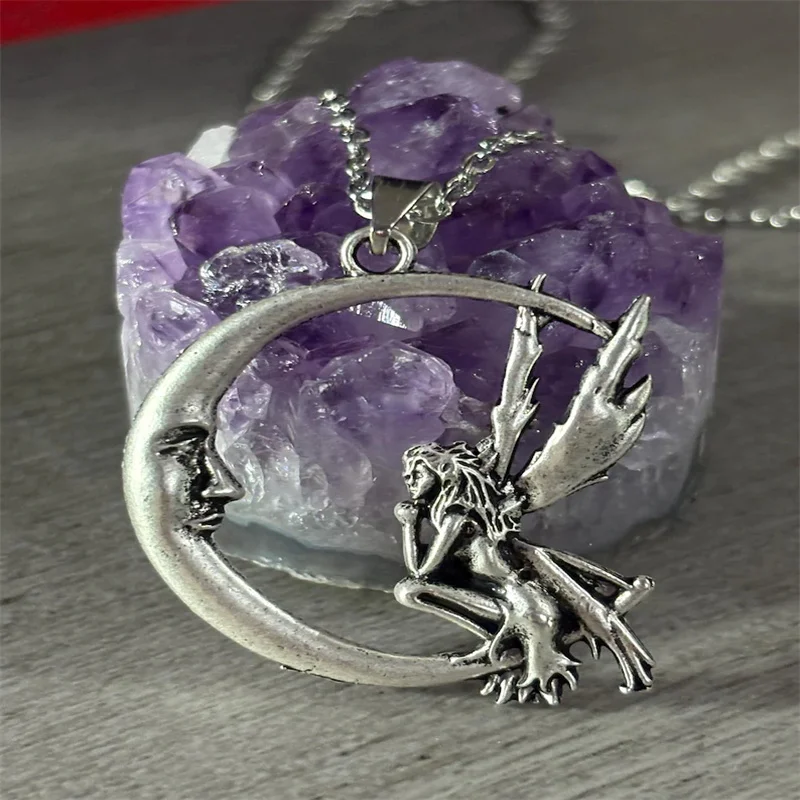 Collar con colgante de media luna y hada de Luna Lux, joyería gótica de bruja pagana oculta Wiccan para accesorios de disfraz de Halloween
