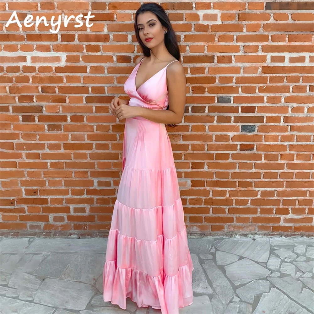 Aenyrst Pink Deep V Neck A Line Holiday Dresses Satin Spaghetti Strap Evening Gown Floor Length Dinner Party Dress Custom Made