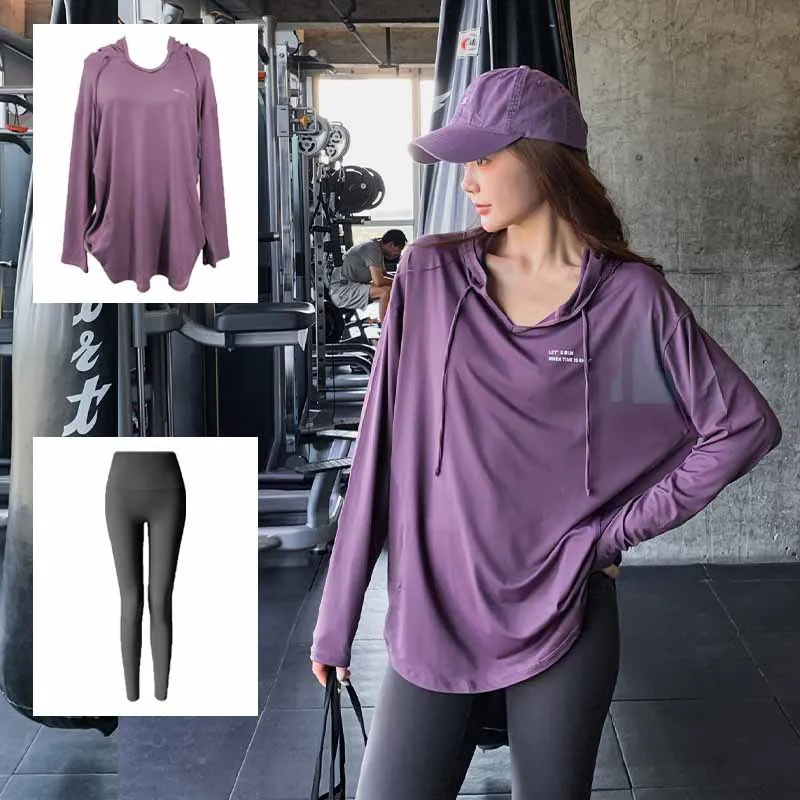 

2026 New Women Long Loose Yoga Top Quick Dry Hooded Cover Up Slim Fitness T Shirt Plus Size Sportswear Running Breathable Daily
