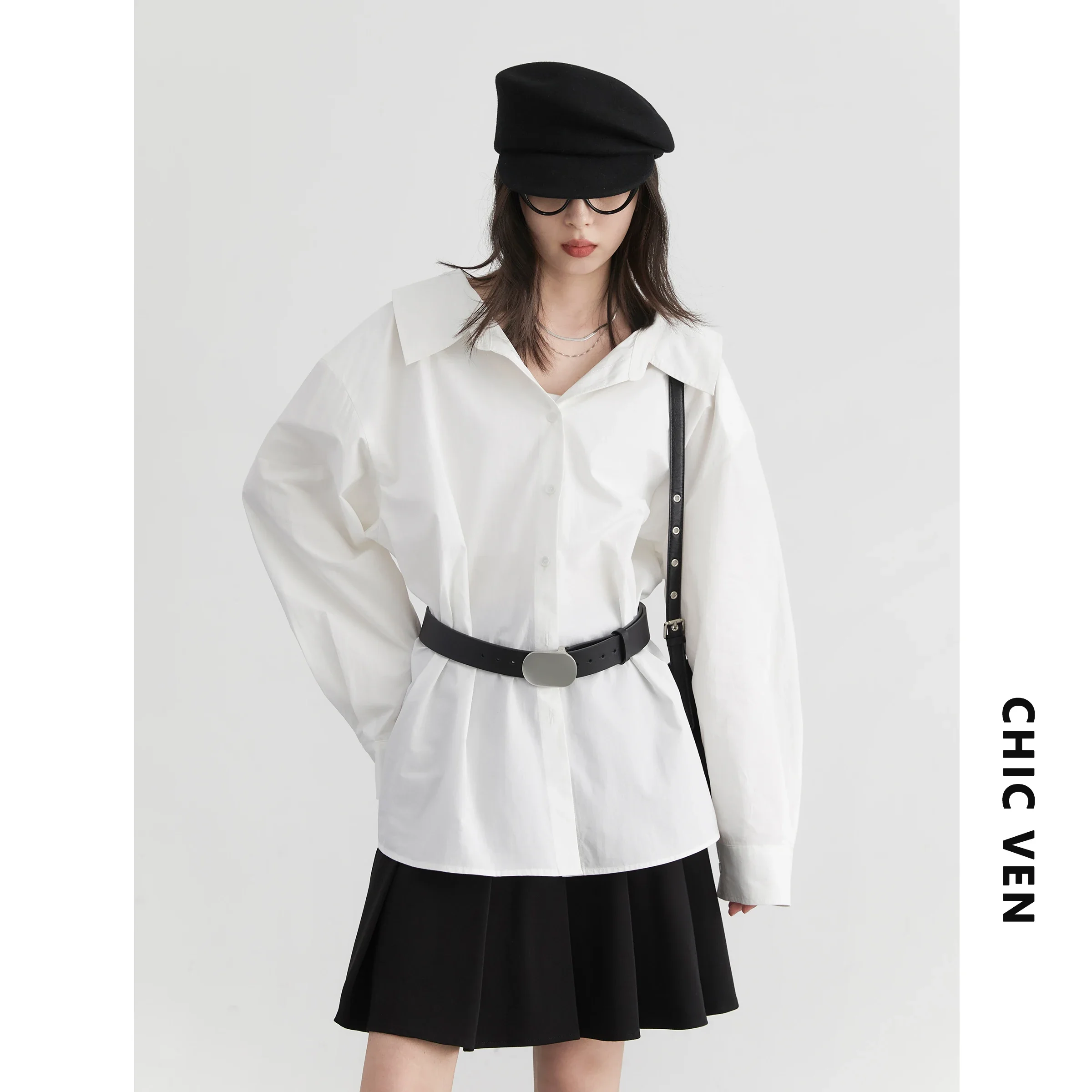 CHIC VEN Women Shirt New Style Cotton Design Shoulder Pad Long Sleeved Blouses Mid Length Shirts Spring Autumn 2024