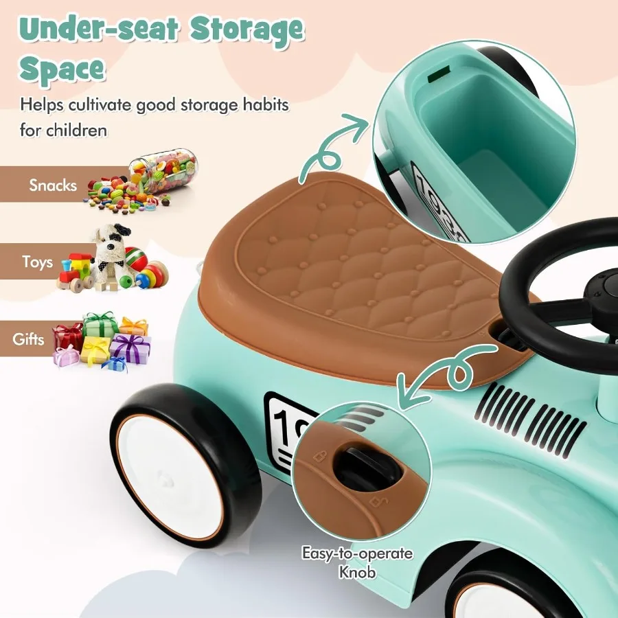 Ride On Push Car Outdoor Toddler Riding Toys w/Steering Wheel Horn and Storage Foot-to-Floor Sliding Car No Batteries Retro Bab
