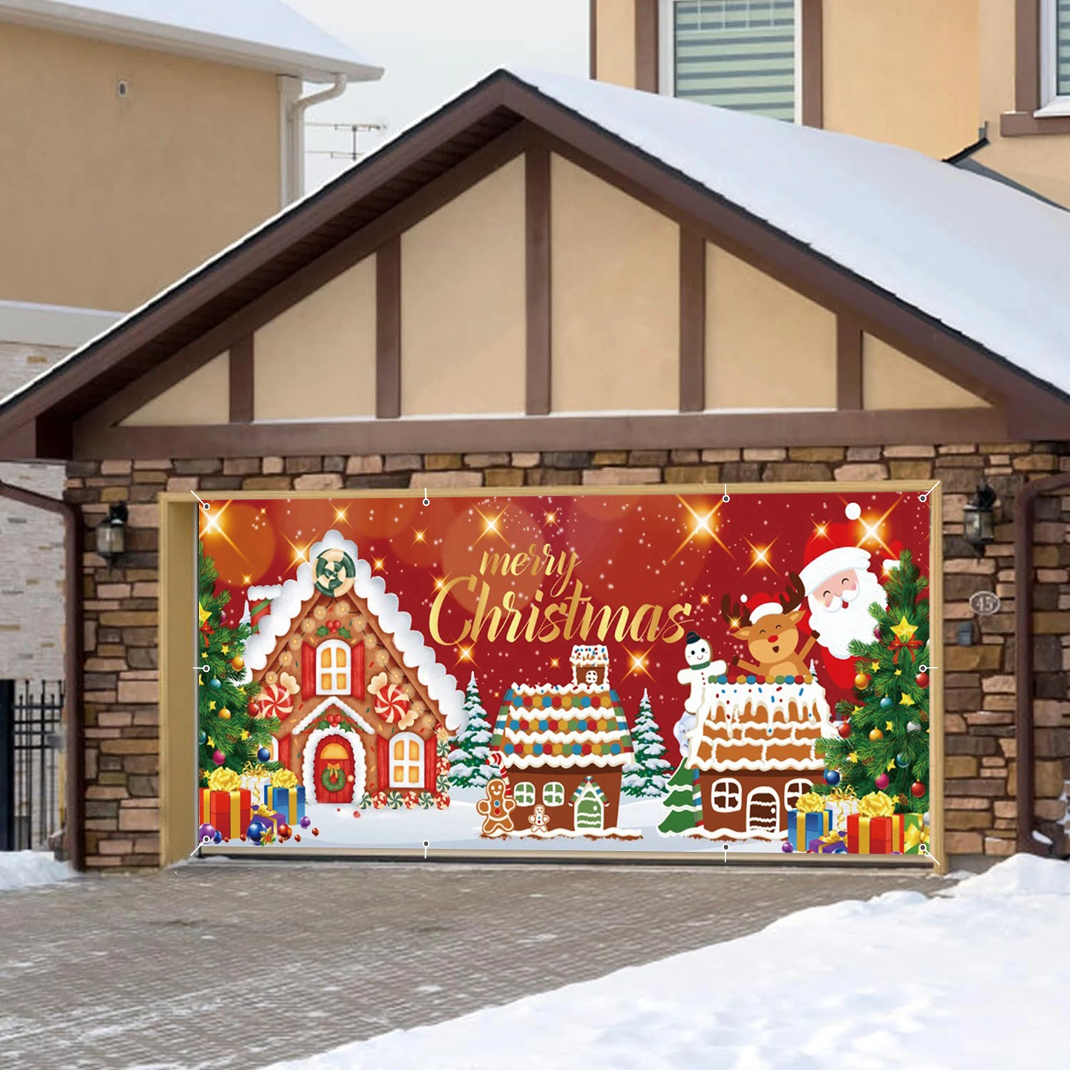 ジンジャーブレッドハウスガレージ壁背景バナー、赤いメリークリスマスギフト、サンタクロース屋外ドアフレーム