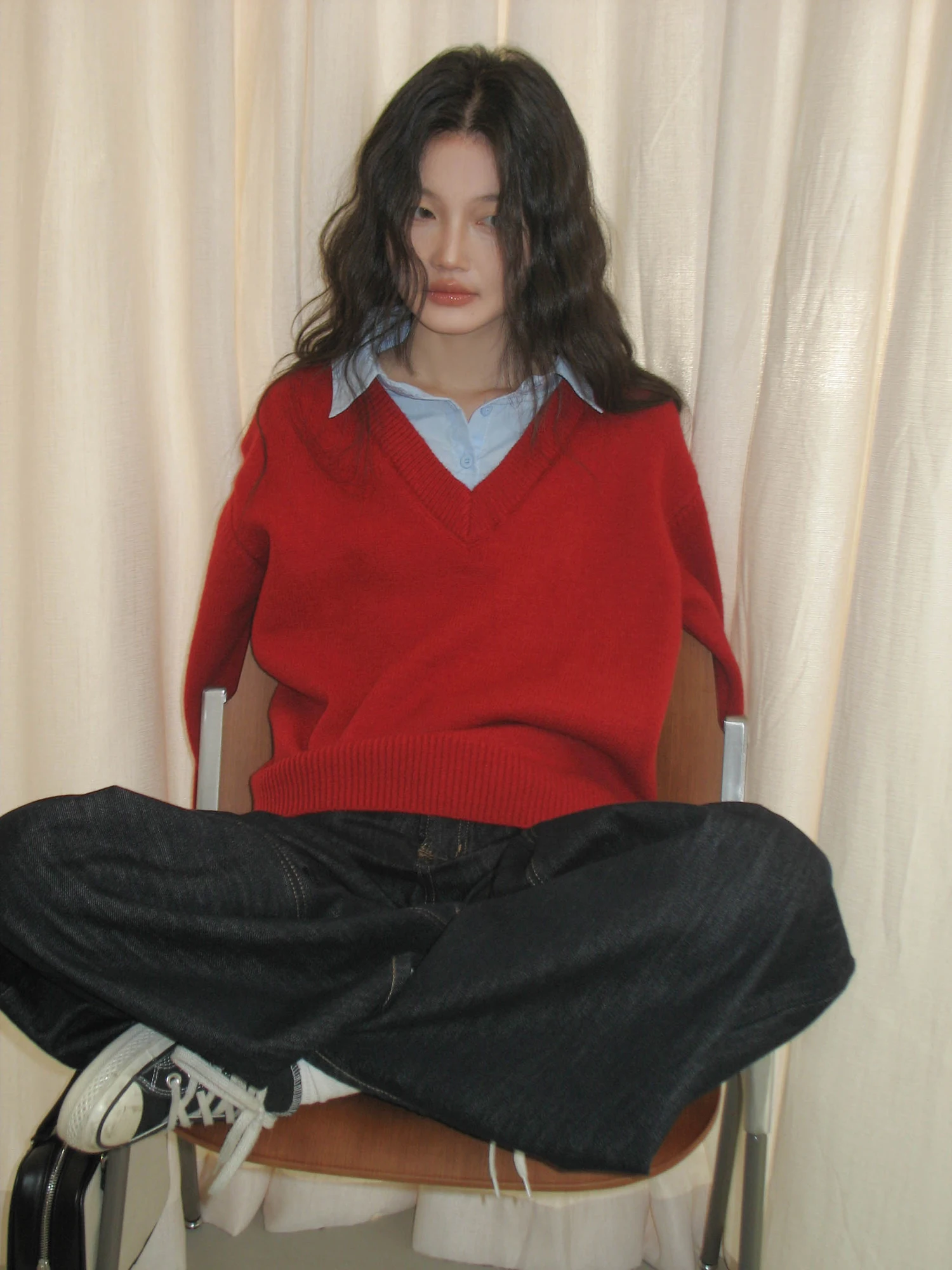 

Красный свитер с воротником-стойкой для женщин, новинка ранней весны, свободный крой, имитация двухслойности, с длинными рукавами, на Новый год