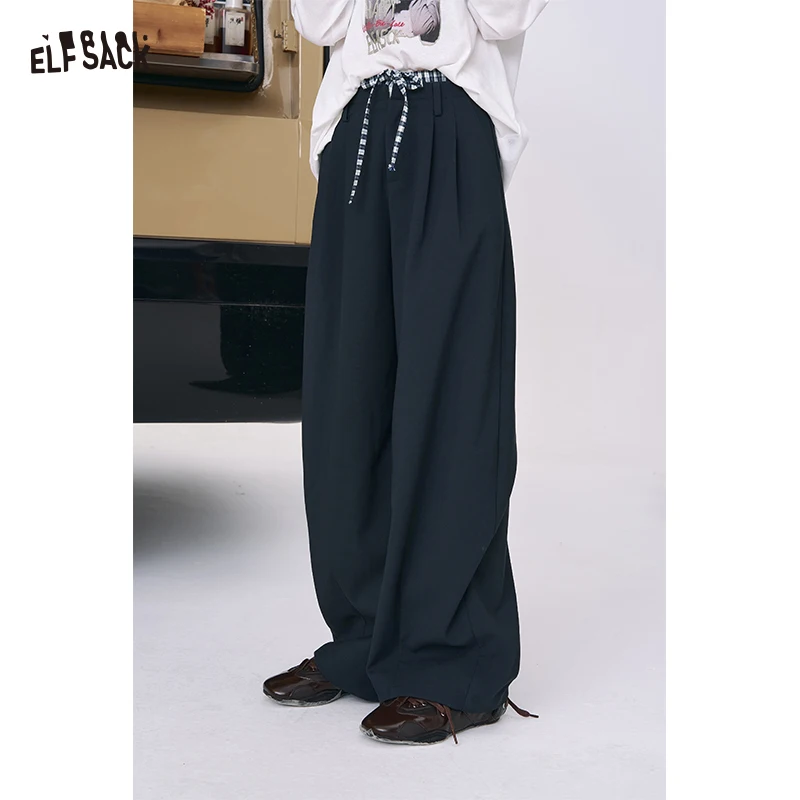 

ELFSACK 2025 Autumn New Arrival Y2K Plaid Panel Black Wide-Leg Pants Loose Trousers For Woman