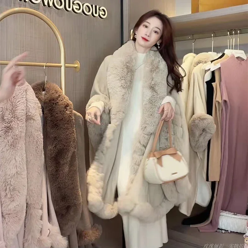 Fashion Solid Handcraft Fox Fur Cape Shawl Women Long Knit Cashmere Poncho Coat Wraps Faux Fur Pashmina Cloak Loose Lady L215