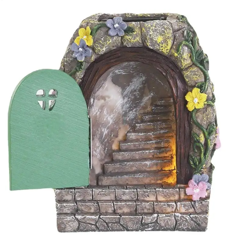 Garden Fairy Door Statue Outdoor Fairy Garden Gate Resin Tree Miniatures With Steps And Open Door Mystical Lighted House