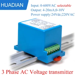 Three Phase Voltage Ac Transducer 4-20mA 0-10V Voltage Transmitter Sensor 0-600VAC