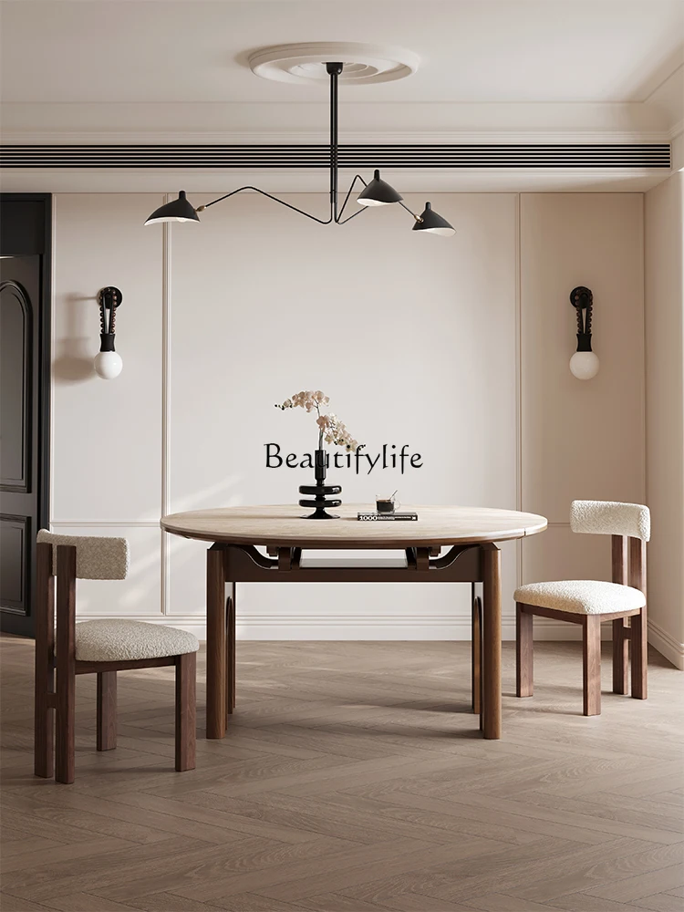 

Retractable Stone Plate Dining Table Variable round Table Small Apartment Home Retro Solid Wood round Dining Table