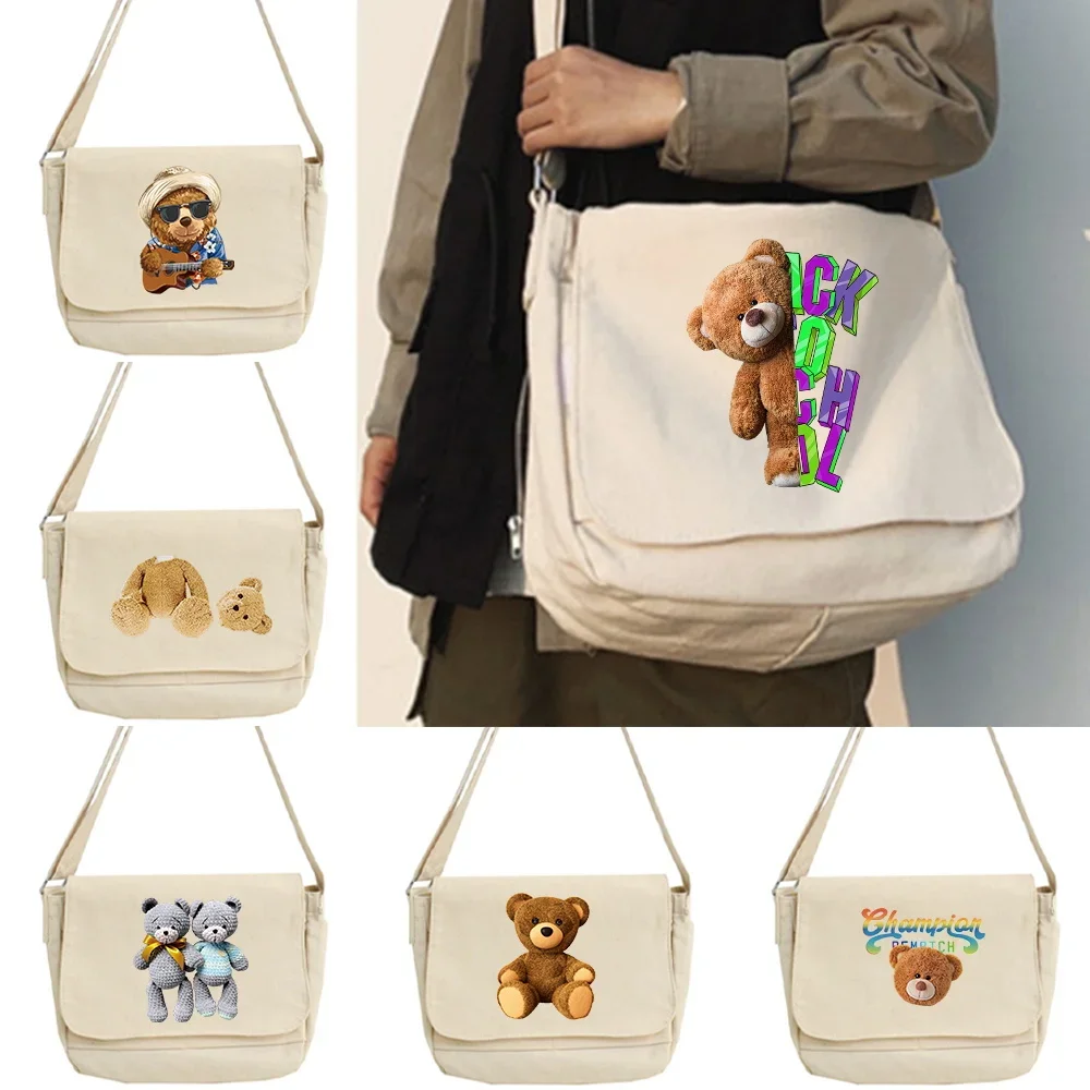 

Messenger Bag Bear Print Handbag School Korean Single Shoulder Girl Student Hong Kong Style Retro Large Capacity Postman Women's