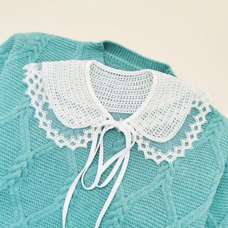 Women Crochet Knit Plaid Fake Collar Shawl Sweet Embroidery for Doll Scarf Wrap Necklace Sheer Mesh Stitching Lace-Up Capelet