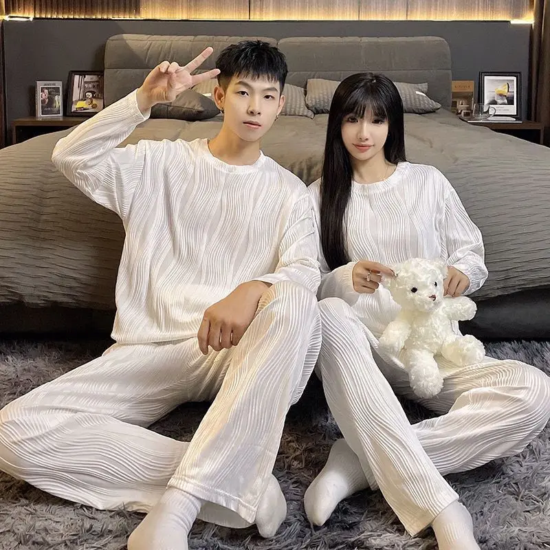 2024 Autumn Couple Pyjamas Women Leisure Wear Simplicity Men Long Sleeve Solid Sleepwear Pajamas Set Women Round Neck Nightwear