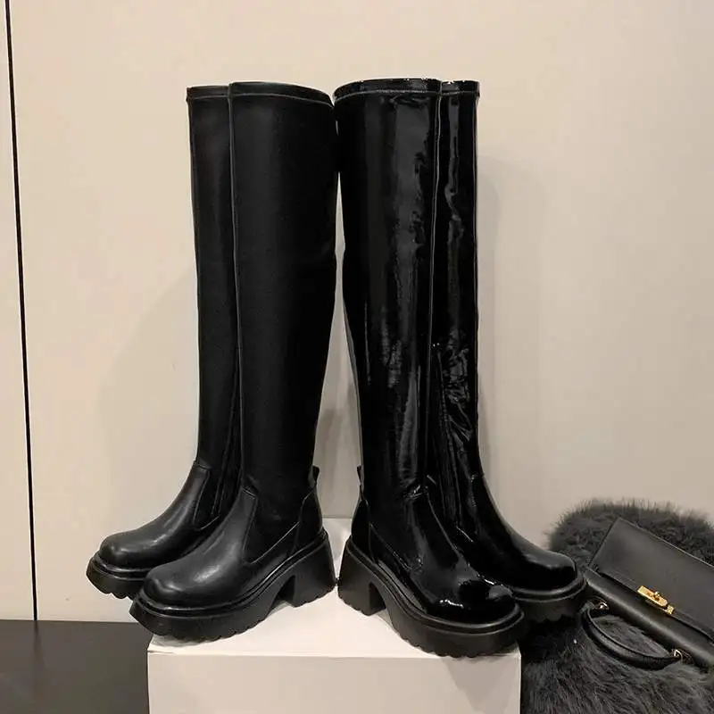 Krazing Pot Cow Leather Round Toe Thick High Heels Motorcycles Boots Winter Punk Design Keep Warm Elastic Over-the-knee Boots